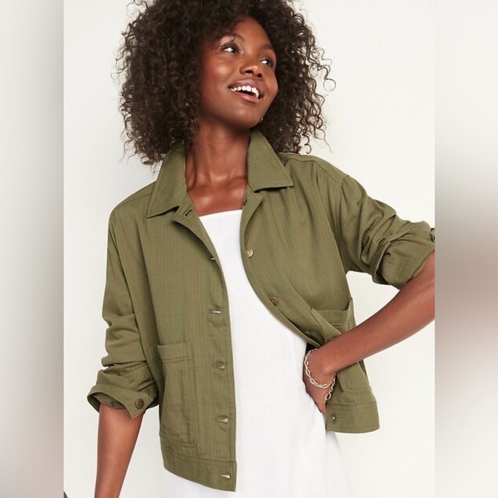 Old Navy Cropped Textured-Twill Utility Jacket Olive Green Women's Small